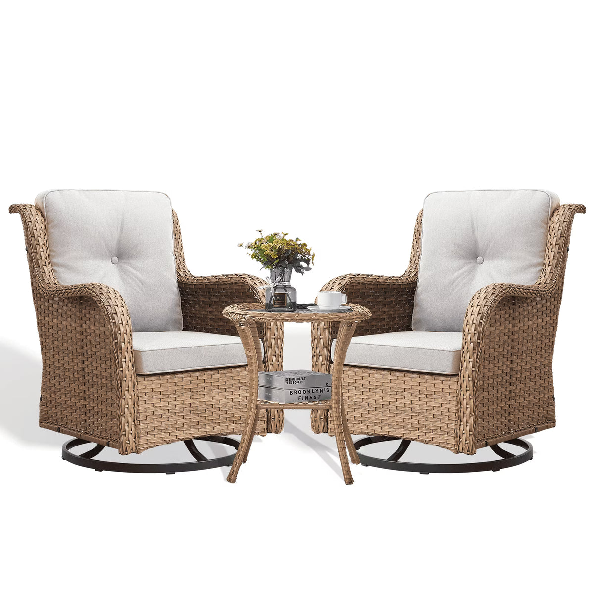 POCASSY Salon de Jardin 3 Pièces en Rotin Tressé Fauteuils Berçants et Pivotants avec Coussins