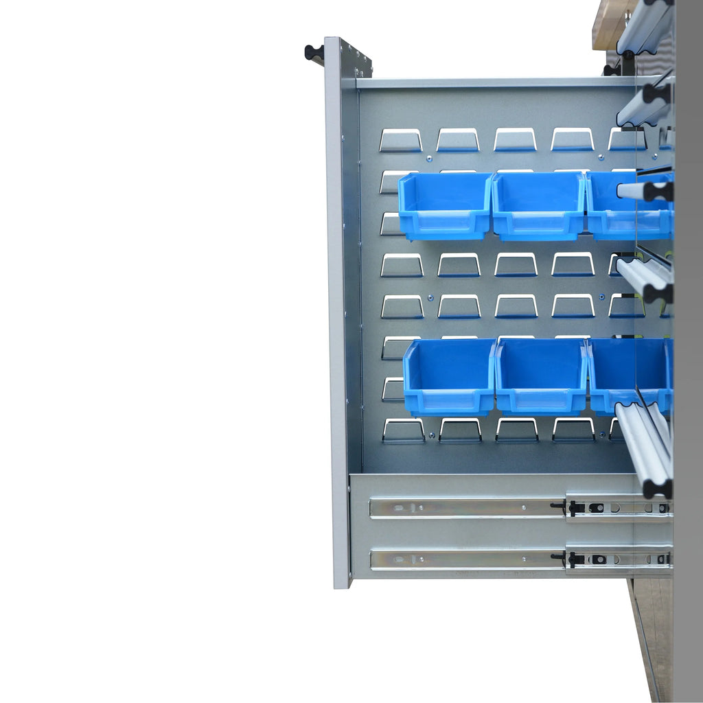 Caisson à outils de 72 pouces avec 11 tiroirs, armoire supérieure avec 3 portes et panneau perforé en acier inoxydable, grand établi mobile verrouillable avec 6 bacs de rangement bleus, boîte à outils pour garage et atelier (1 HTC7214W1 + 1 HTC7218W1)