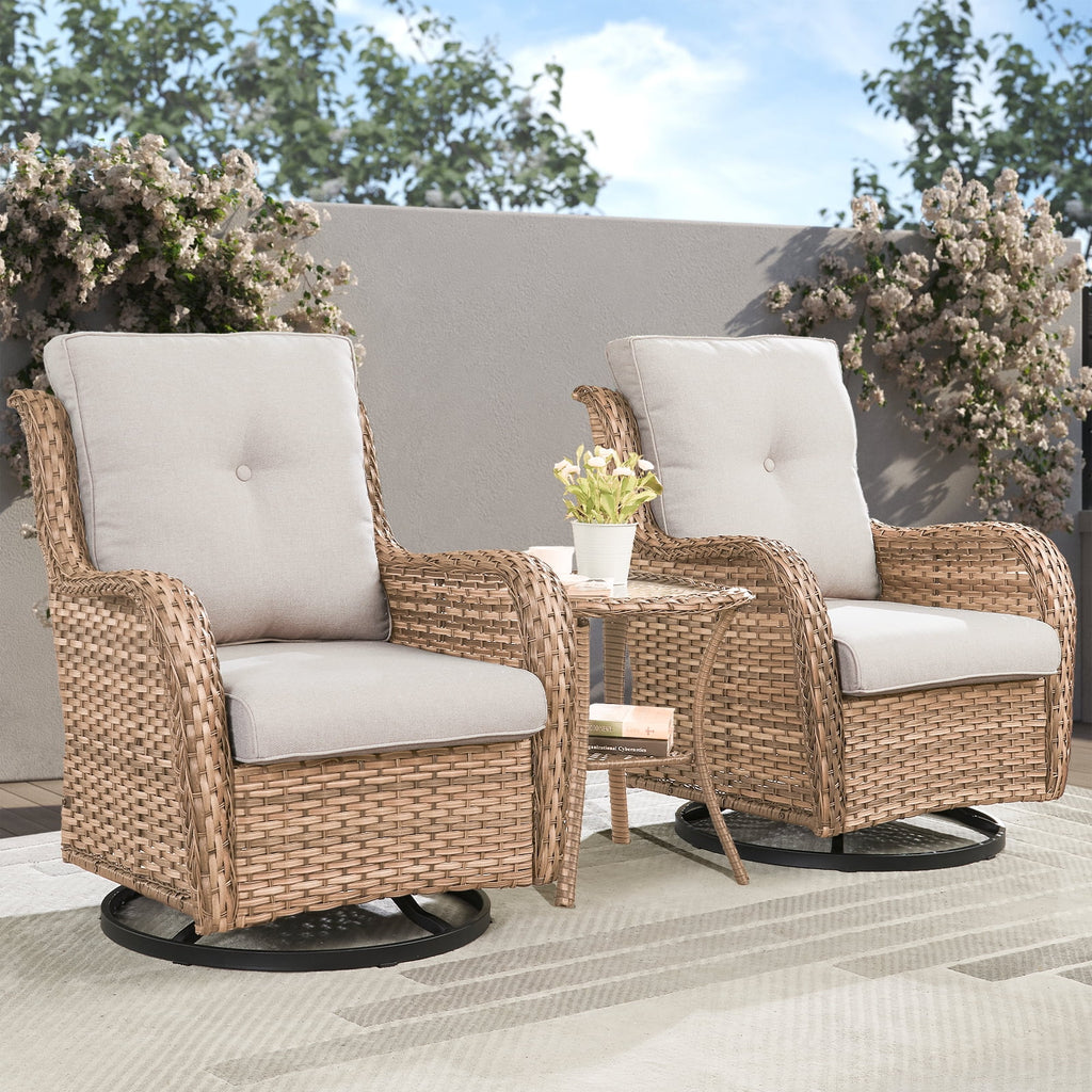 POCASSY Salon de Jardin 3 Pièces en Rotin Tressé Fauteuils Berçants et Pivotants avec Coussins