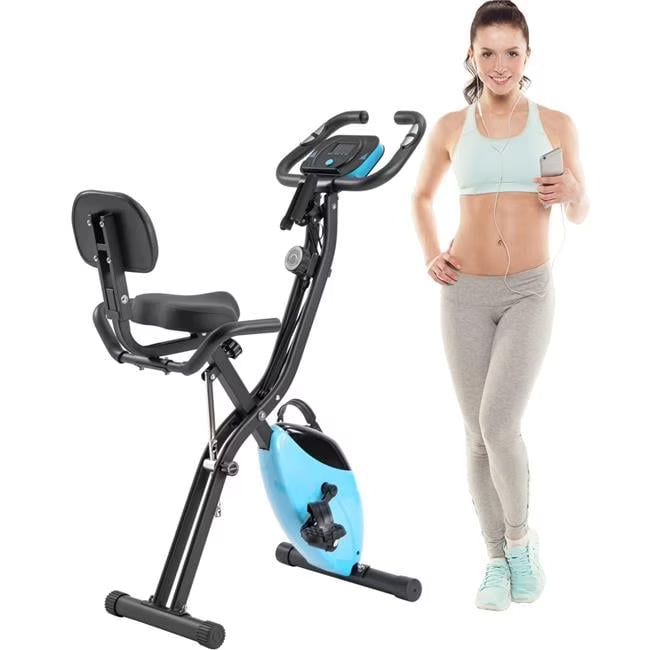 Vélo d’appartement pliable, vélo de fitness vertical et semi-allongé en X avec résistance réglable sur 16 niveaux, accoudoirs et dossier