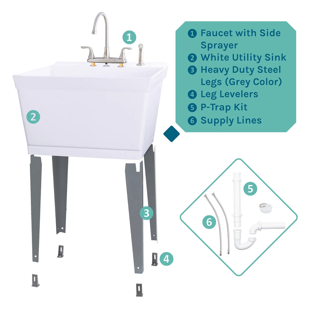 Évier utilitaire Tehila de 19 gallons avec robinet de cuisine haut de gamme en acier inoxydable 6501