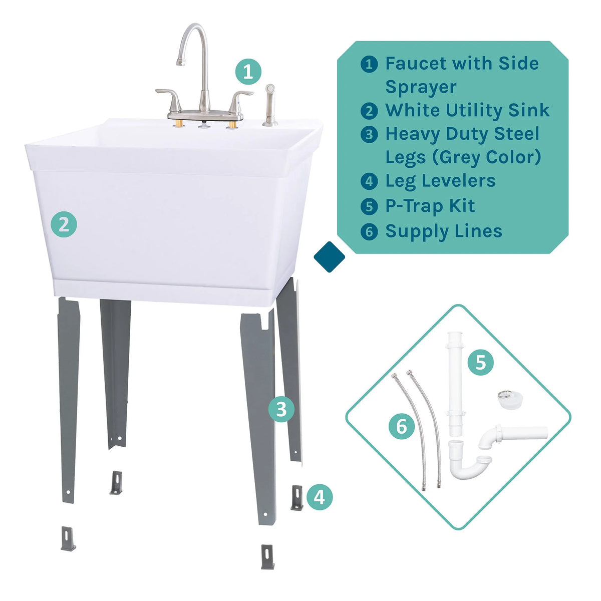 Évier utilitaire Tehila de 19 gallons avec robinet de cuisine haut de gamme en acier inoxydable 6501