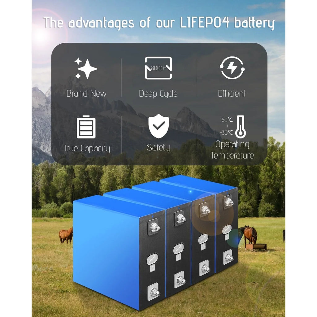 Lot de 4 batteries LiFePO4 de qualité A, 280 Ah, 3,2 V, rechargeables, à décharge profonde, avec écrous et barres omnibus, 8 000 à 10 000 cycles de vie, batteries de remplacement pour systèmes solaires, voitures et camping-cars