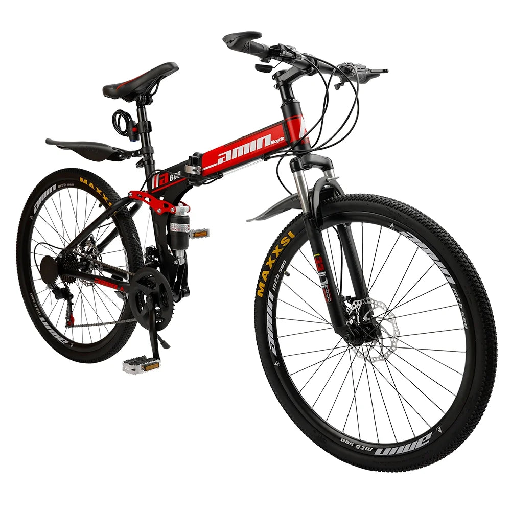 VTT pliant Artudatech 26 pouces Shimano 21 vitesses double frein à disque - Adulte - Rouge