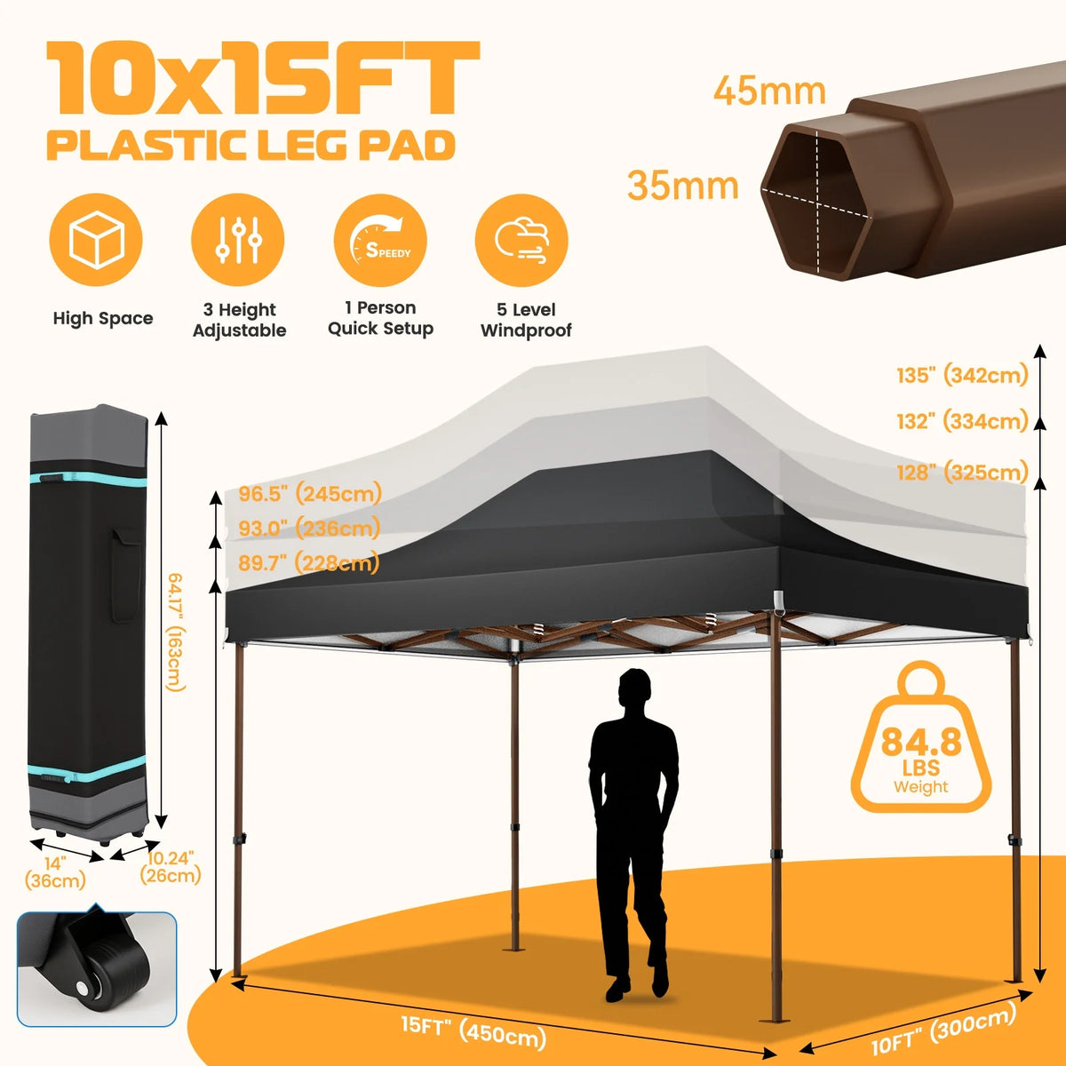 COBIZI Tonnelle escamotable 3x4,5m robuste avec parois latérales, tonnelle escamotable commerciale facile pour fêtes, mariages, toutes saisons, étanche UV 50+ avec sac à roulettes (pieds améliorés), noir