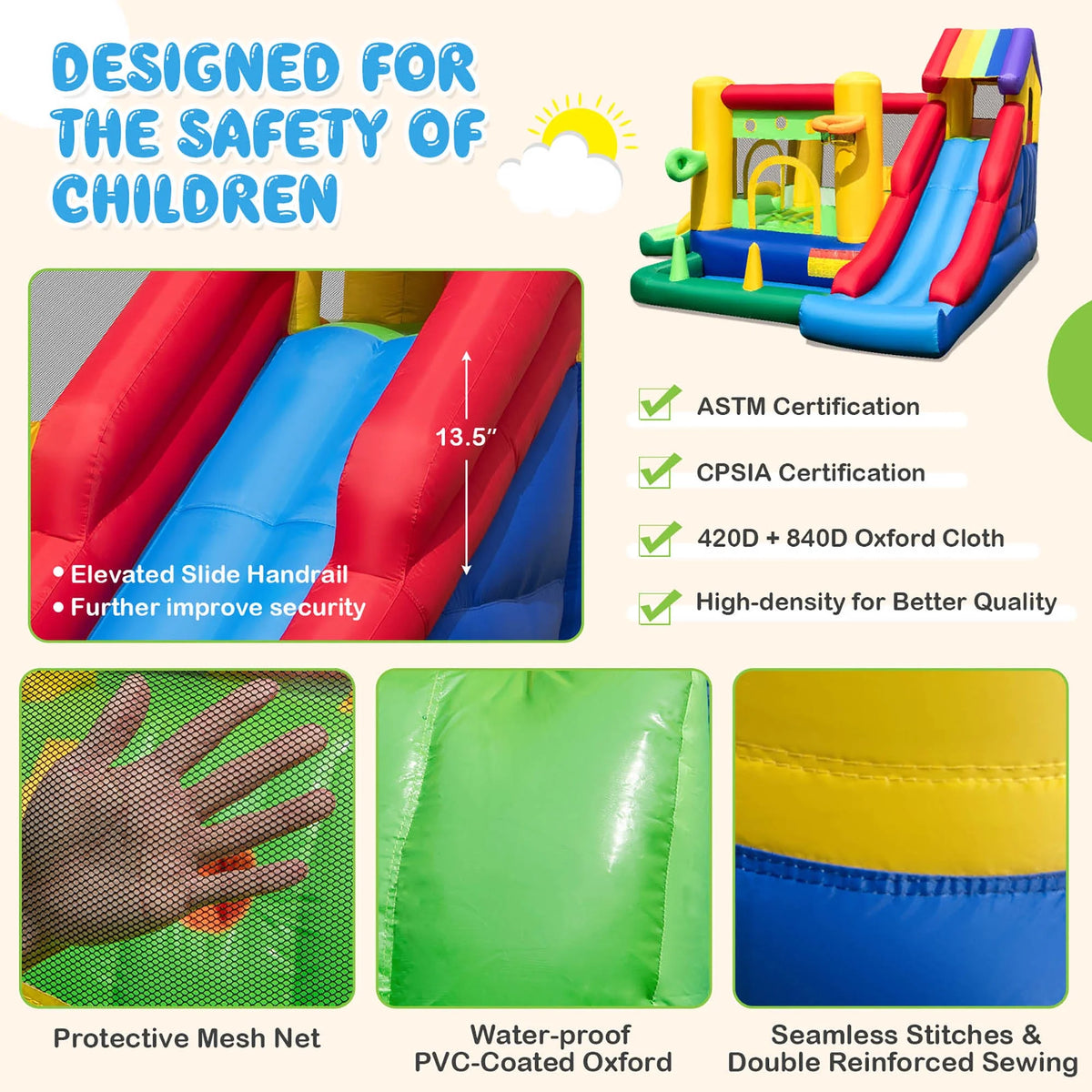Château gonflable arc-en-ciel Costway pour enfants avec 50 balles et souffleur 735W
