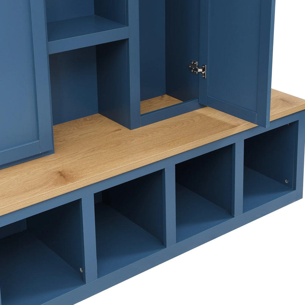 Vestiaire d’entrée style maison de campagne avec banc et rangement pour chaussures, 4-en-1, avec 4 placards, 5 casiers à chaussures et 6 crochets, noir