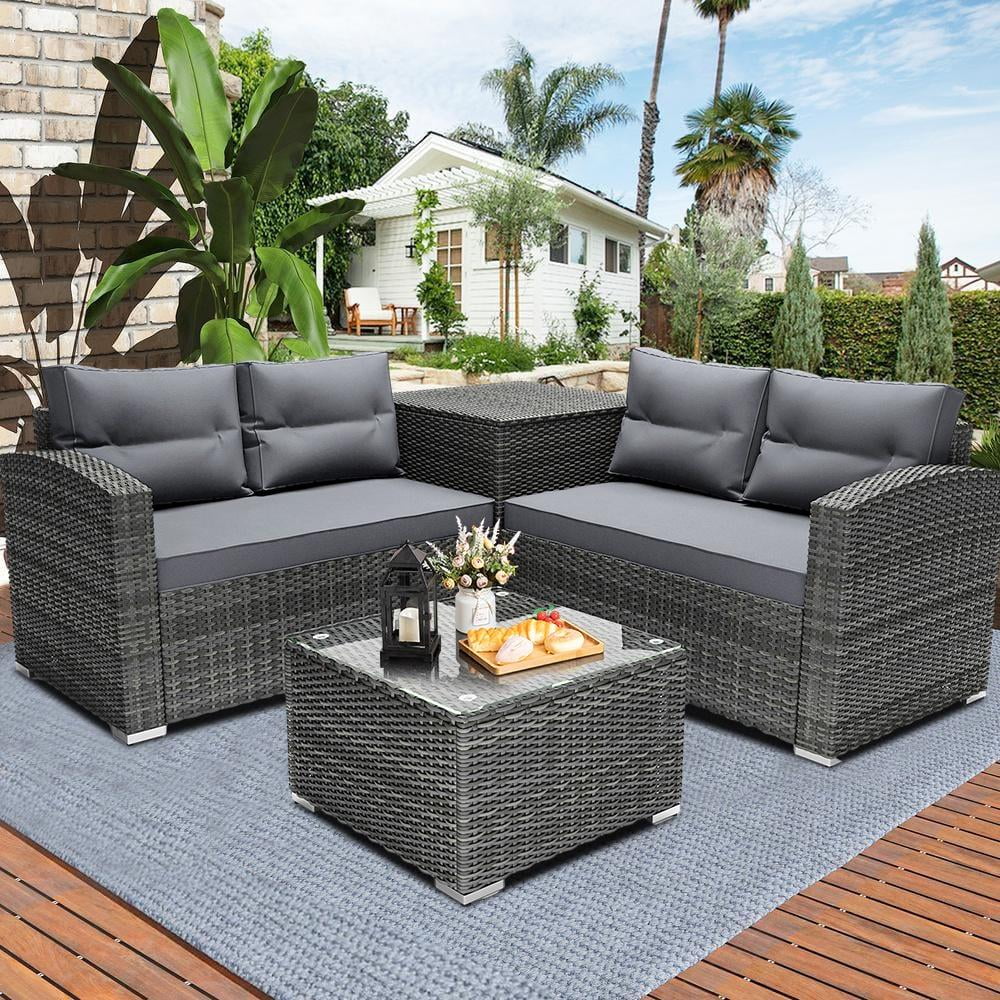 Ensemble de canapés de jardin en rotin, 4 pièces, salon d’angle d’extérieur en résine tressée PE résistante aux intempéries, ensemble de conversation avec coussins et table en verre pour terrasse, jardin, bord de piscine ou deck
