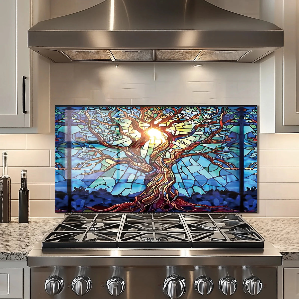 Crédence en verre trempé motif Arbre de vie en mosaïque pour cuisine derrière la cuisinière, cache supérieur pour cuisinière, crédence en verre facile à nettoyer, pare-éclaboussures pour évier, décoration murale de cuisine pour la maison