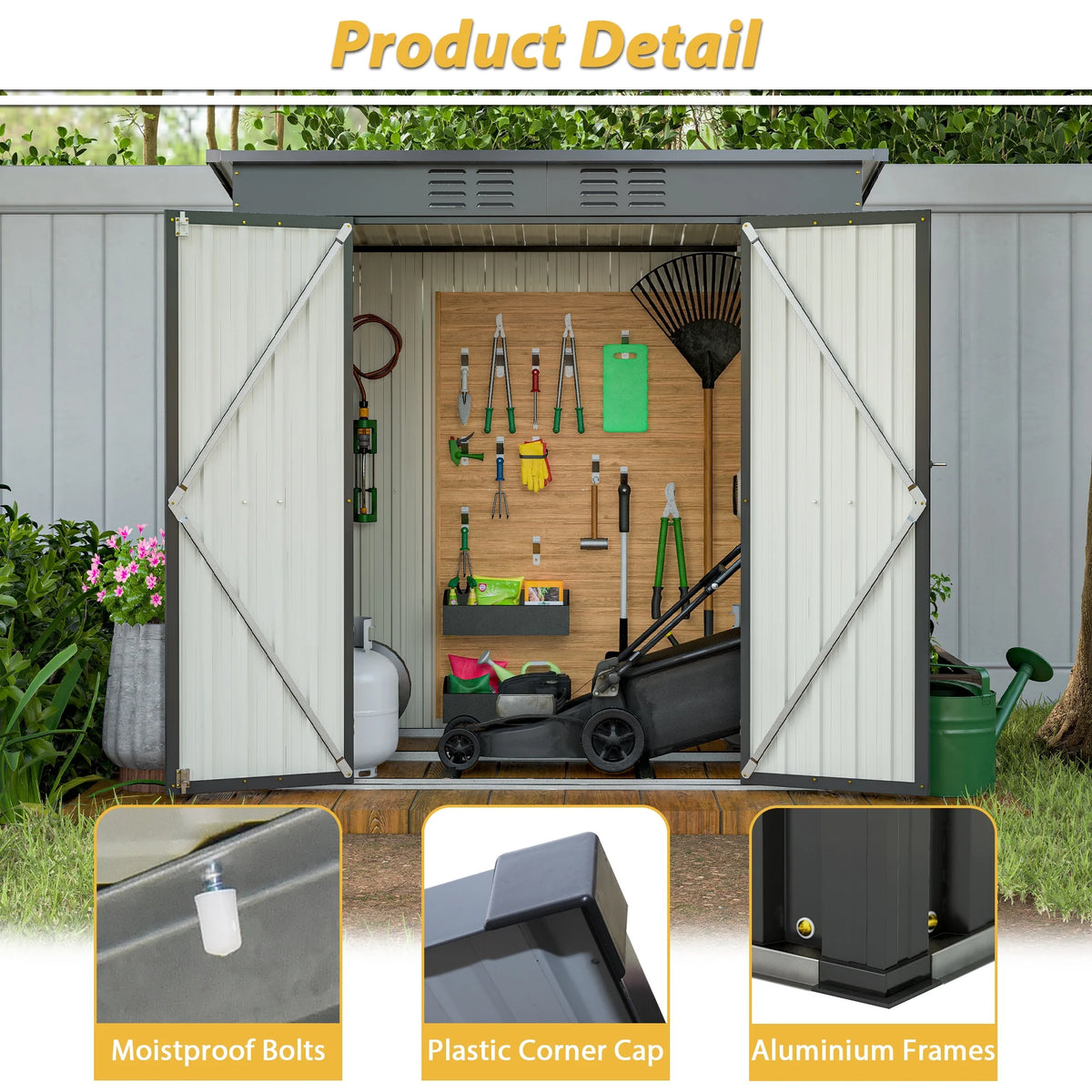 Abri de rangement extérieur de 6 x 4 pi avec cadre de plancher, abri de rangement extérieur avec porte verrouillable, abri pour outils de jardin toutes saisons avec grille d’aération pour maison, cour arrière, terrasse et pelouse, noir
