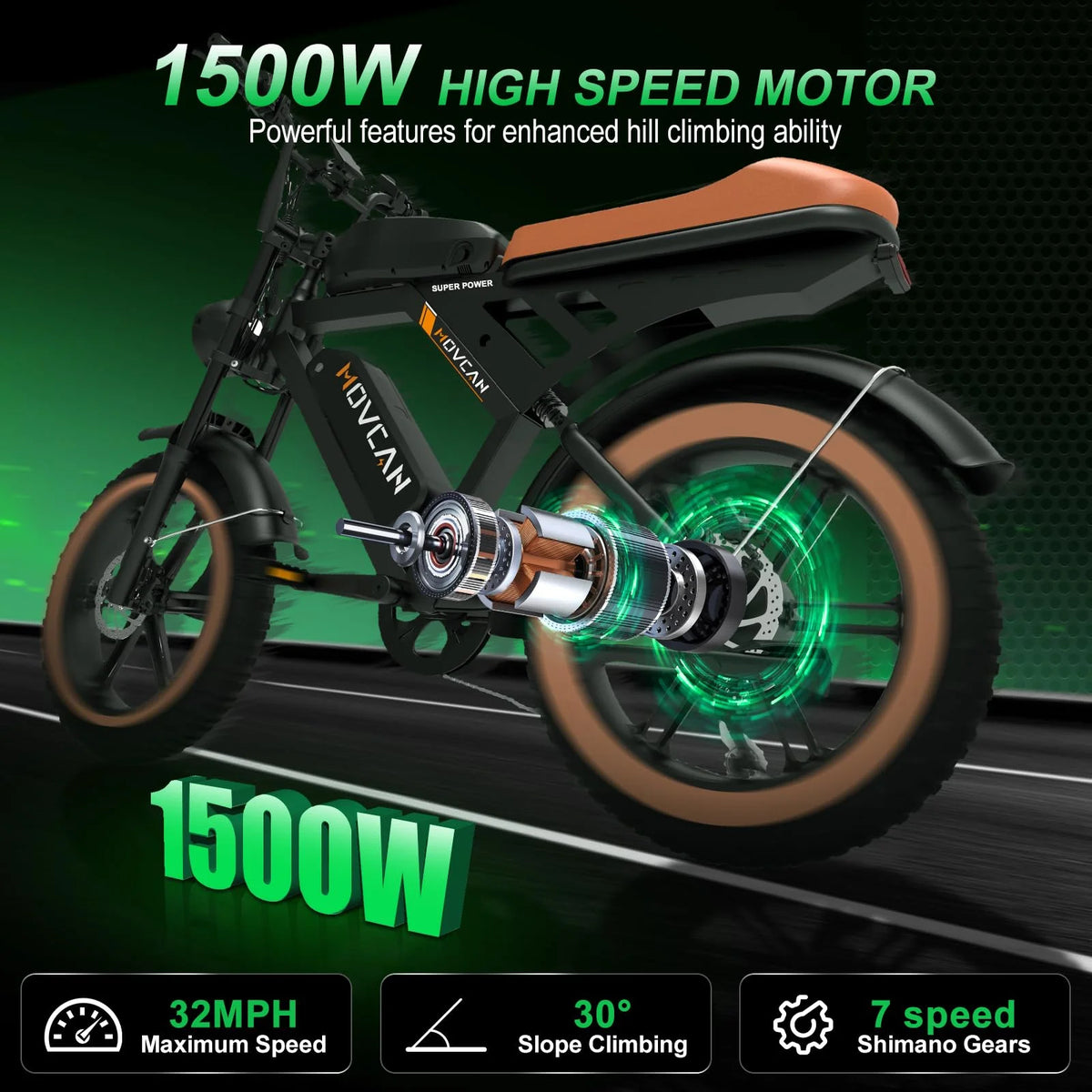 Vélo électrique Movcan V30Max à double batterie pour adulte, 1500W, pneu large de 20 pouces, batterie amovible 48V 31,2 Ah, 32 mph, 7 vitesses, freins hydrauliques, VTT tout-terrain, UL2849
