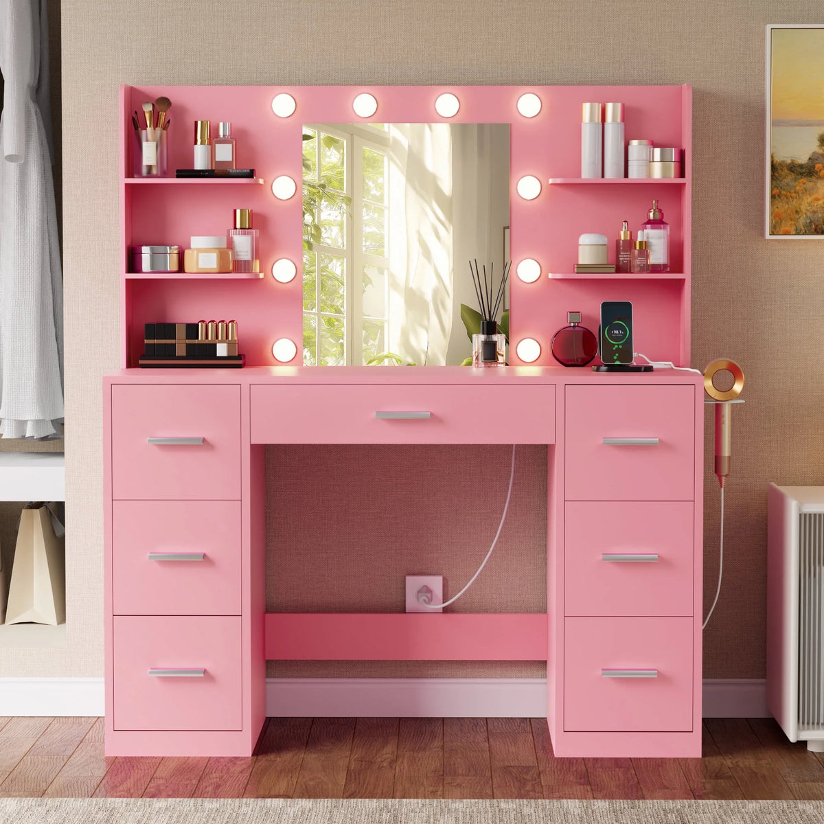 Coiffeuse Lacoo avec miroir et éclairage LED, coiffeuse de maquillage avec 7 tiroirs et 4 étagères, table de toilette avec prise électrique pour chambre ou dressing, blanc