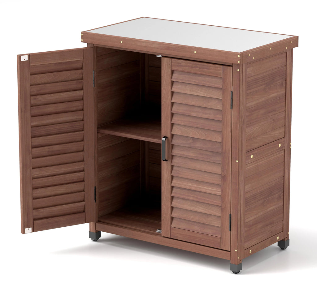 Armoire de rangement en bois d’extérieur et table de rempotage Funnil, mobilier de patio en bois résistant aux intempéries, poste de travail de jardin