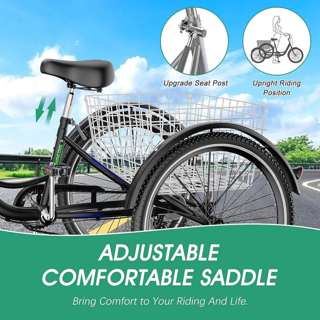 Tricycles pour adultes MOONCOOL avec panier arrière et pompe à pied, vélos à 3 roues 7 vitesses de 24 et 26 pouces, vélo à trois roues pour adultes avec dossier pour seniors, femmes et hommes