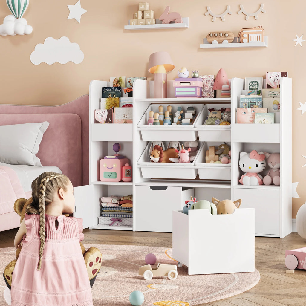 Hiphuta Bibliothèque et Meuble de Rangement pour Jouets pour Enfants, Organisateur en Bois avec 4 Paniers et 2 Tiroirs Amovibles pour la Maison et la Chambre, Étagère à Livres pour Enfants avec Bac à Jouets et Support à Livres, Blanc