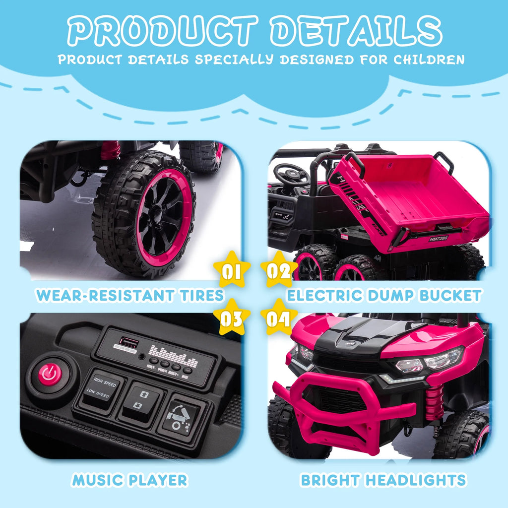 Xuanlur Voiture électrique pour enfants 24V 2 places, UTV avec moteur 2x200W, Jouet électrique 24 volts avec benne/pelle, Voiture électrique pour enfants avec pneus résistants, lumière LED, musique, télécommande, noire