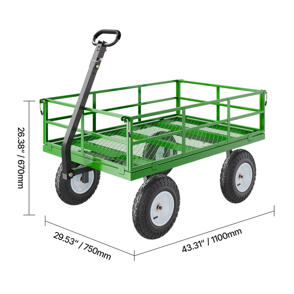 KFFKFF Chariot de jardin en acier grillagé 1200 Lbs, 43,3 x 29,5  Chariot utilitaire robuste, Chariot de jardin en métal à tirer avec pneus tout-terrain de 13', Côtés grillagés amovibles, Poignée pivotante 180° (Vert)