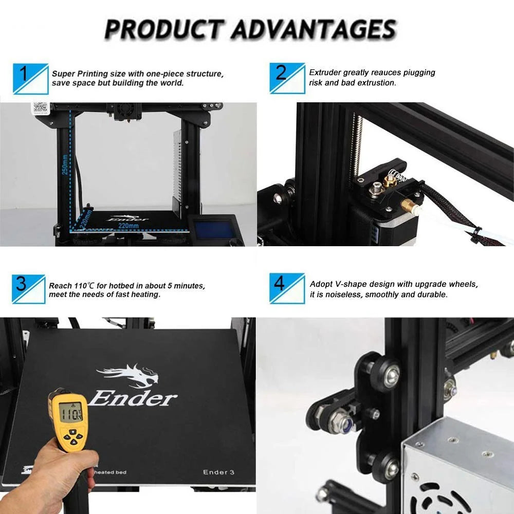 Imprimante 3D Creality Ender 3 entièrement open source avec fonction de reprise d'impression, volume d'impression 220 x 220 x 250 mm, aluminium noir