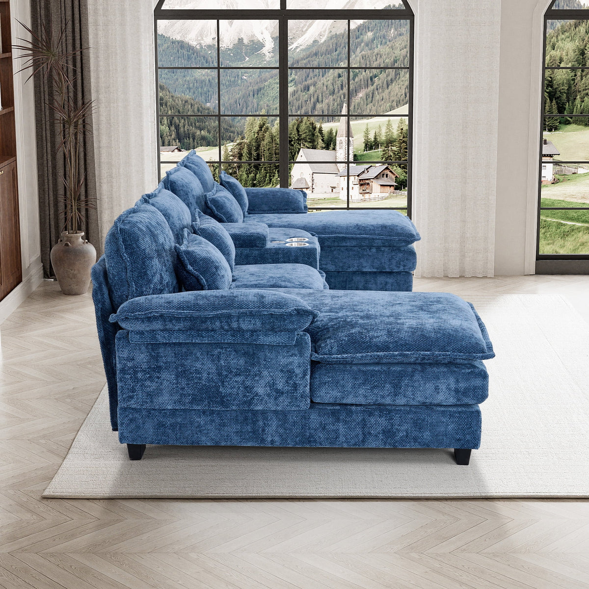 Canapé modulable en U Wiilayok Cloud Couch, méridienne double extra profonde de 124 cm en chenille duveteuse, console centrale avec ports USB-C et A doubles, gris tempête