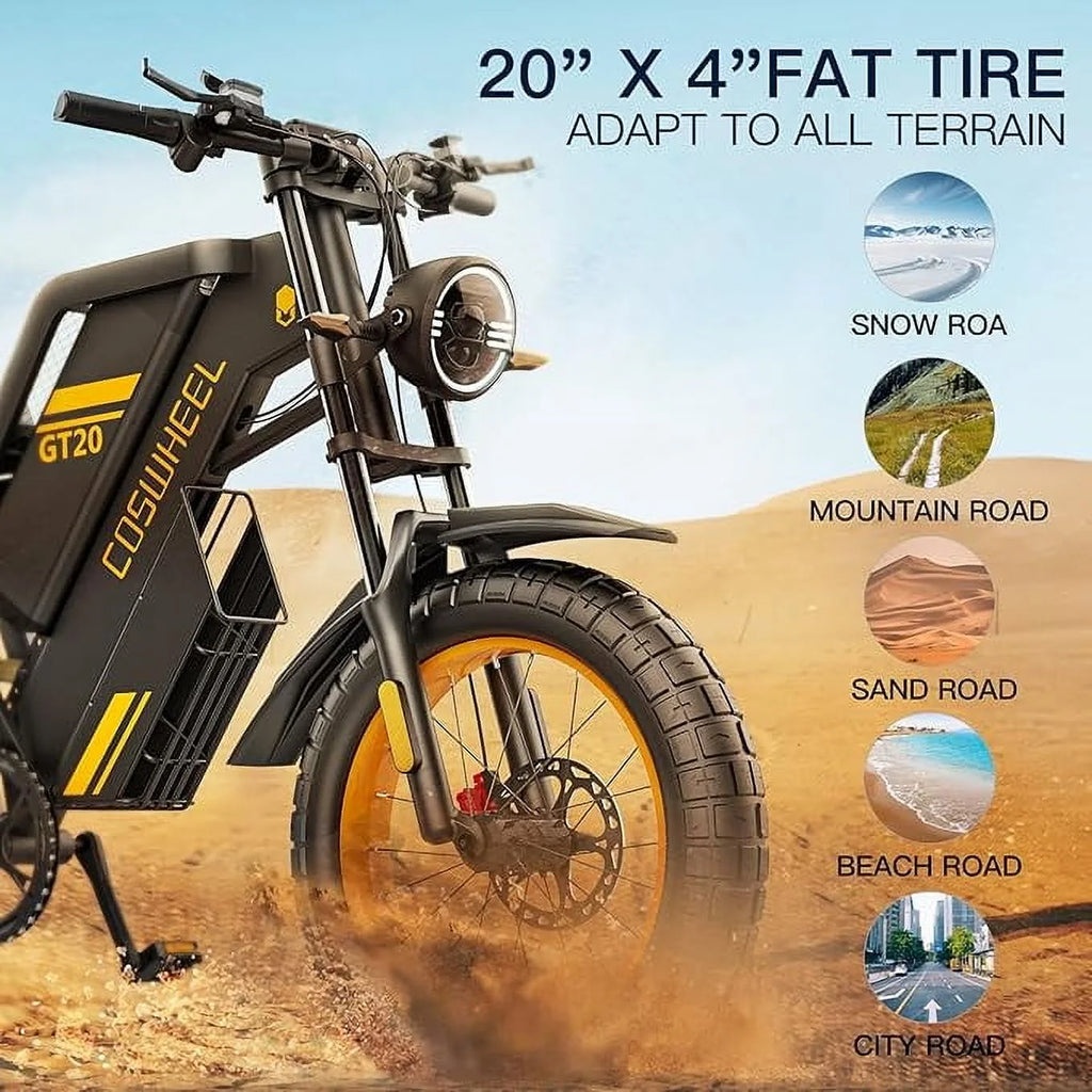 Vélo électrique COSWHE GT20 pour adultes, moto tout-terrain électrique avec moteur de 1 500 W, batterie amovible 48 V/25 Ah, jusqu’à 50 km/h et 149 km d’autonomie, moto électrique à 7 vitesses, vélo électrique pour adultes avec pneus larges 20 x 4,0