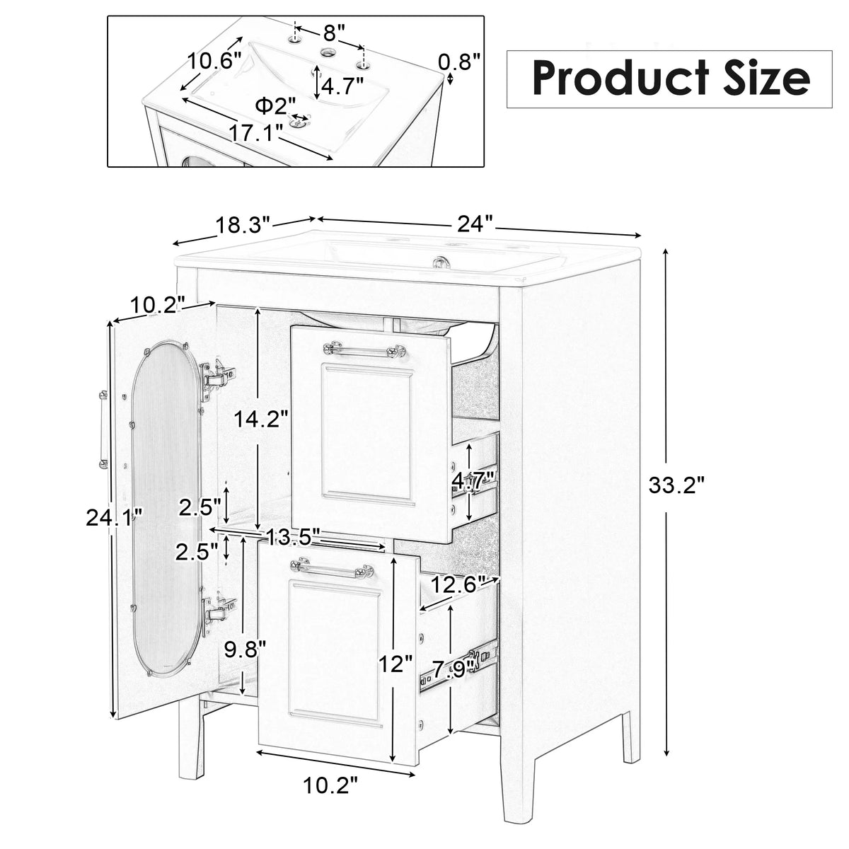 Meuble-lavabo Soges 24 avec vasque en céramique, meuble de toilette en bois massif avec porte, étagère réglable et 2 tiroirs, ensemble lavabo simple autoportant pour petite salle de bains, blanc