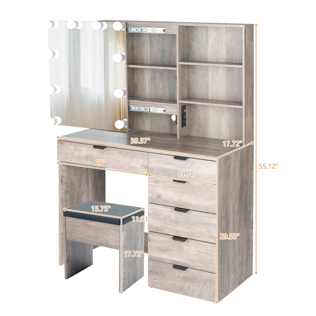 Coiffeuse Ktaxon avec miroir éclairé à 3 couleurs & station de charge, table de maquillage avec 3 étagères de rangement & tiroirs, bureau de toilette avec tabouret, gris rétro