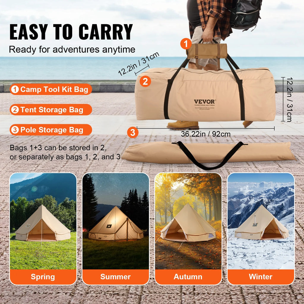 Tente cloche en toile VEVOR, tente yourte 4 saisons de 4 m/13,12 pieds, tente en toile pour le camping avec prise de poêle, tente respirante pouvant accueillir jusqu'à 6 personnes, pour le camping en famille, la chasse, les fêtes en plein air.