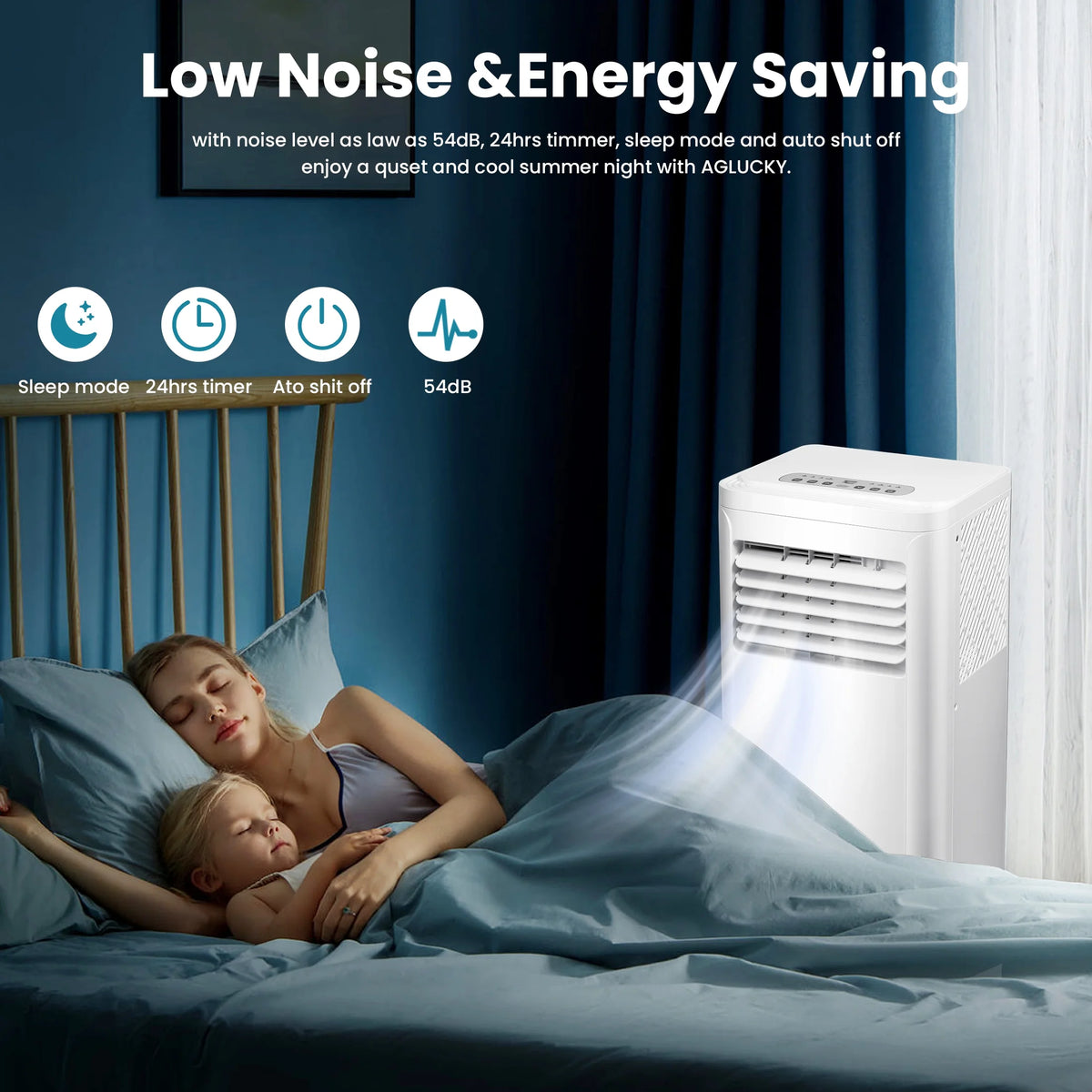 Climatiseur portable Auseo, 8 000 BTU ASHRAE, climatiseur silencieux 4-en-1 avec déshumidificateur, ventilateur, mode sommeil et filtre lavable pour des pièces allant jusqu’à 350 pi²