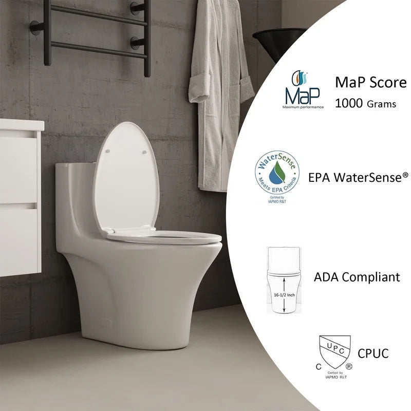 Toilettes modernes à une pièce Albriya A1878, toilettes de salle de bain standard à double chasse d’eau 1,1/1,6 GPF avec siège confortable, hauteur conforme à l’ADA, 16 1/2 po ? 12 po ? Entraxe, MaP 1000 g, blanc brillant