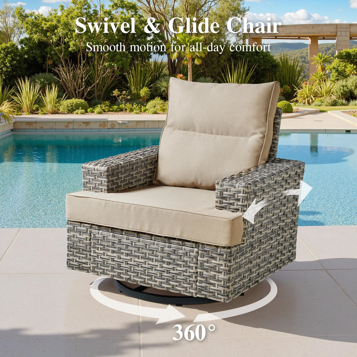 Ovios Salon de jardin modulable moderne en résine tressée toutes saisons à dossier haut, 10 pièces, avec table brasero au propane et fauteuil pivotant, gris foncé
