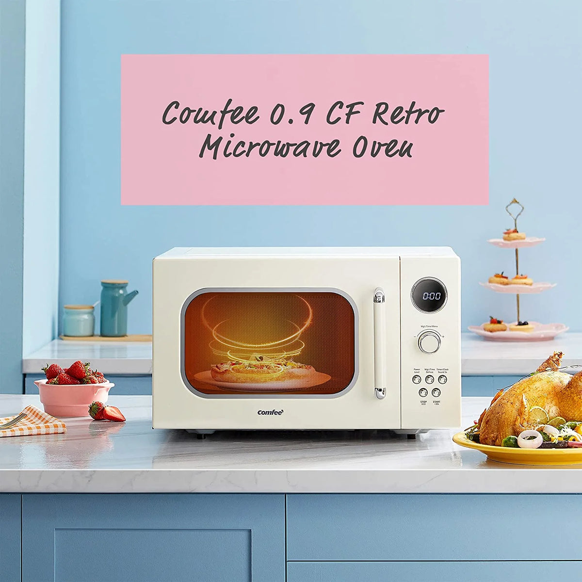 Comfee' Micro-ondes rétro avec affichage numérique LED, 0,9 pi³, 900 W, Abricot, CM-M092AAT