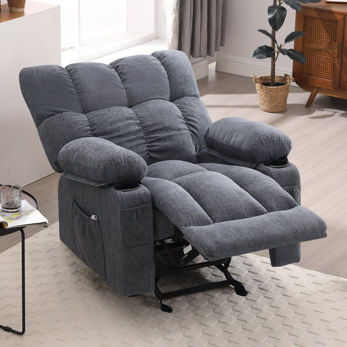 Fauteuil inclinable manuel JONPONY avec fonction de massage et de chauffage, mécanisme d’inclinaison robuste, fauteuil à bascule individuel pour personnes âgées avec porte-gobelets, pour chambre et salle de cinéma maison, gris