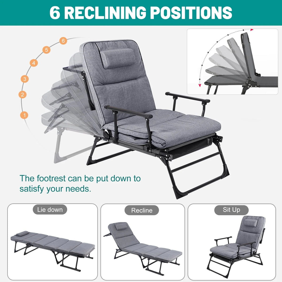 FICISOG Cadre de lit portable avec matelas, lits de repos pliables pour adultes et enfants, gris