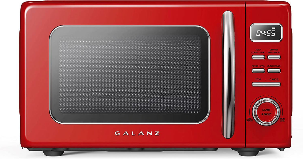 Four à micro-ondes rétro de comptoir Galanz GLCMKZ09RDR09 avec fonctions de cuisson automatique et de réchauffage, décongélation et démarrage rapide, nettoyage facile avec plateau tournant en verre, poignée escamotable, 0,9 pi³, rouge