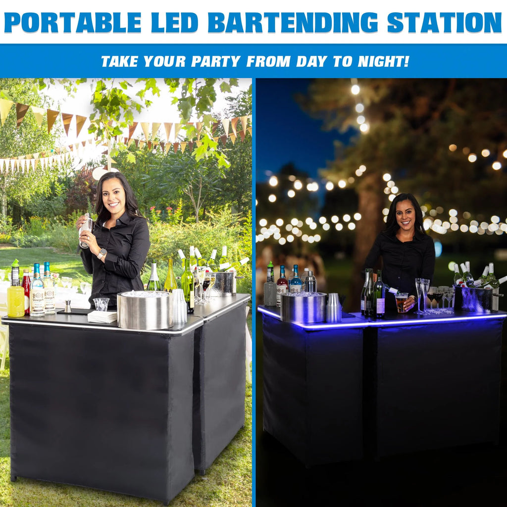 Ensemble de table de bar double portable GoBar avec éclairage LED multicolore - Station mobile de barman pour événements - Valise de transport incluse