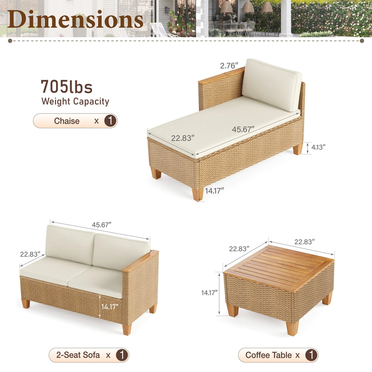 Ensemble de salon de jardin 3 pièces MF Studio, canapé d’angle modulable en résine tressée toutes saisons avec table et coussins, beige