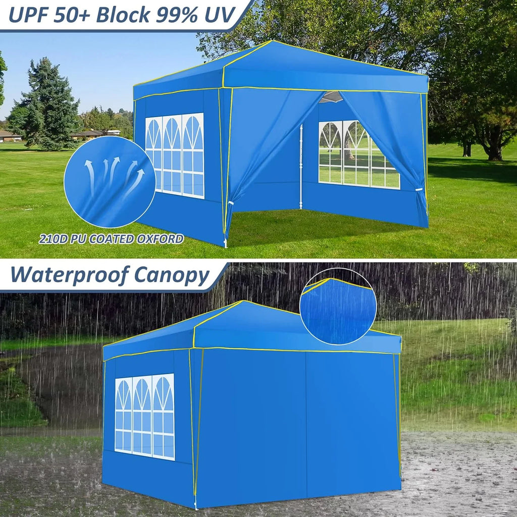 HOTEEL Chapiteau pop-up 10x10 avec murs latéraux, Tente imperméable pour fêtes et événements de mariage, Gazébo d'extérieur instantané avec sac de transport, piquets, cordes et sacs de sable, Noir