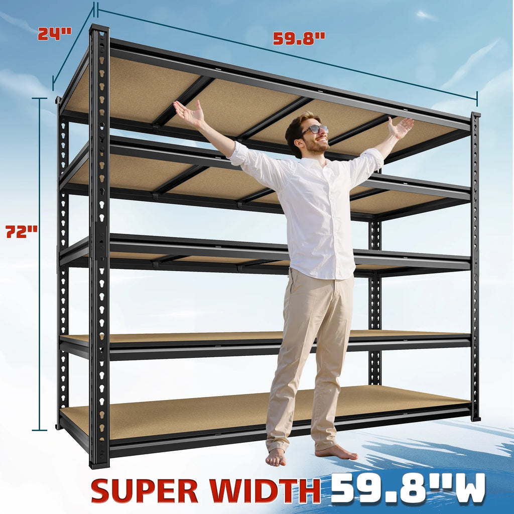 Étagères de garage REIBII 60 po, capacité de 3 000 lb, étagères de rangement robustes et réglables à 5 niveaux, rayonnage métallique, 60 po l x 24 po P x 72 po H