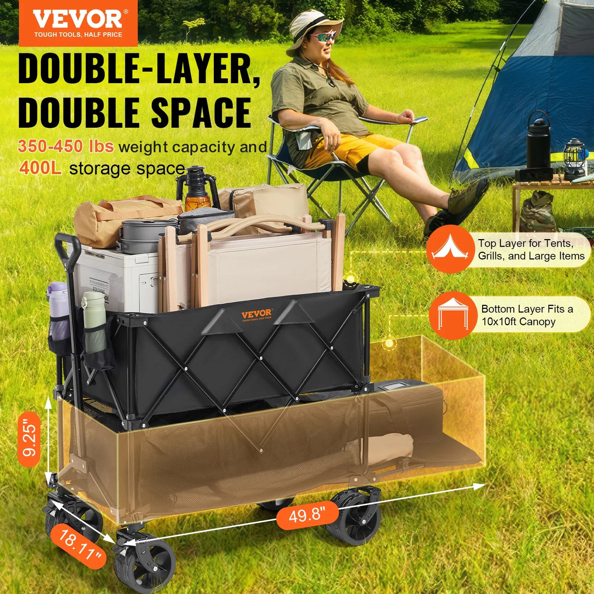 Chariot pliant à deux niveaux VEVOR, chariot pliable de 400 L avec roues tout-terrain, chariot pliant robuste d’une capacité de charge de 350 à 450 lb pour le camping, les courses et le jardin, rallonge extra-longue de 52 po