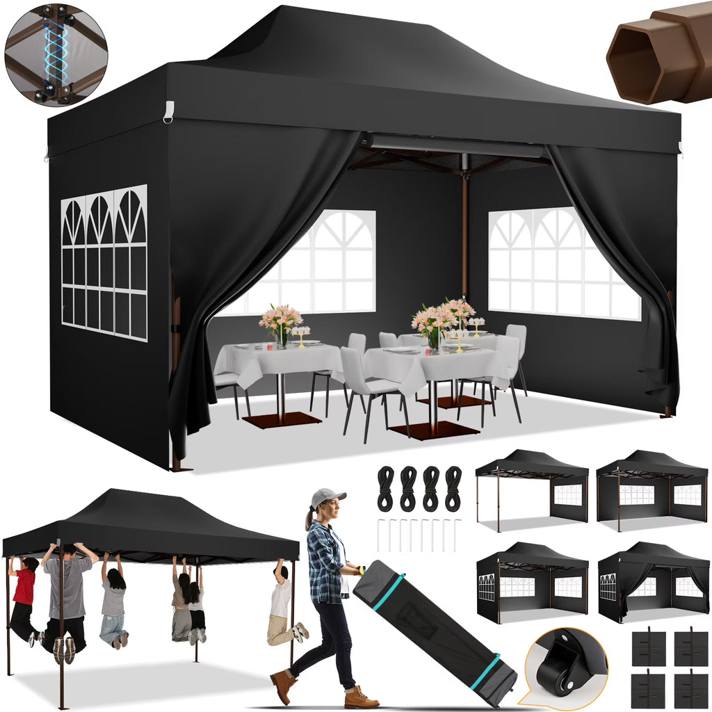 COBIZI Tonnelle escamotable 3x4,5m robuste avec parois latérales, tonnelle escamotable commerciale facile pour fêtes, mariages, toutes saisons, étanche UV 50+ avec sac à roulettes (pieds améliorés), noir