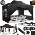COBIZI Tonnelle escamotable 3x4,5m robuste avec parois latérales, tonnelle escamotable commerciale facile pour fêtes, mariages, toutes saisons, étanche UV 50+ avec sac à roulettes (pieds améliorés), noir