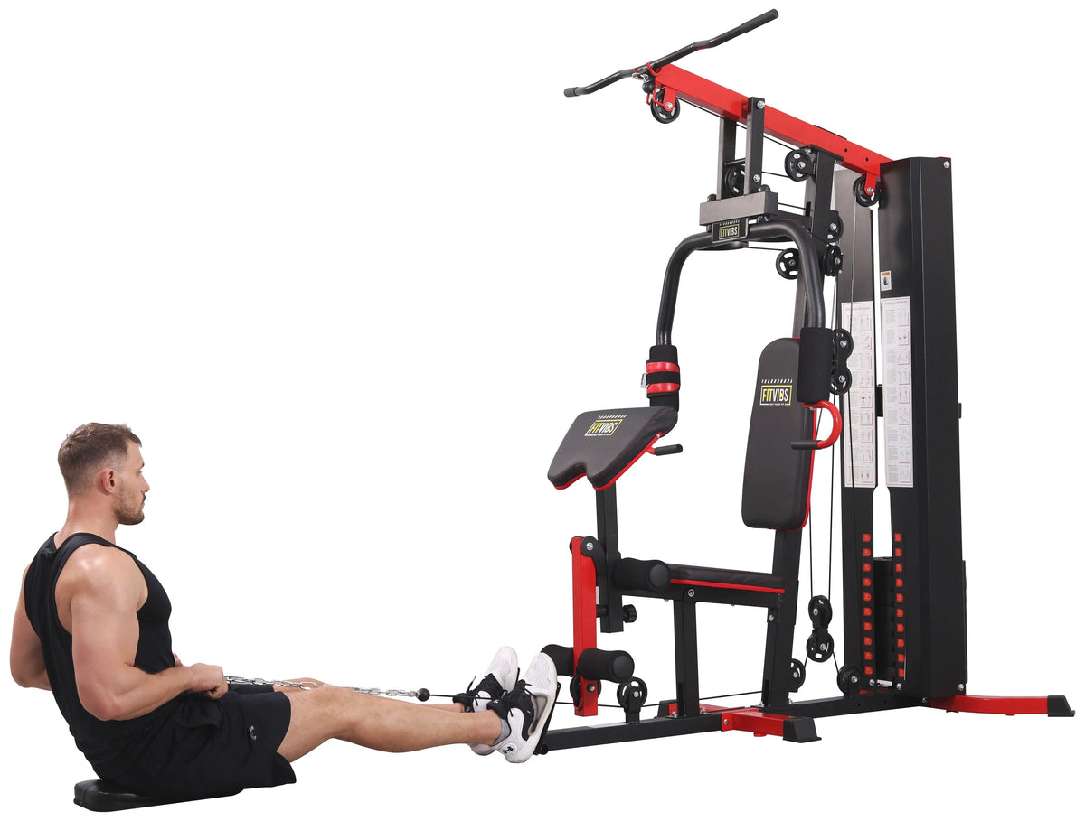 Système de musculation à domicile Fitvids LX750 avec 150 kg de résistance, colonne de poids de 55 kg, une station, livré avec une vidéo d’instructions d’installation, expédié en 5 colis