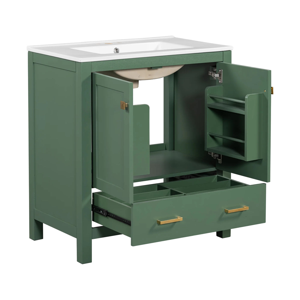 Meuble-lavabo de salle de bains Harper & Bright Designs 30 avec lavabo, armoire de salle de bains avec plateau en céramique, portes et tiroir de rangement multifonctionnels, vert