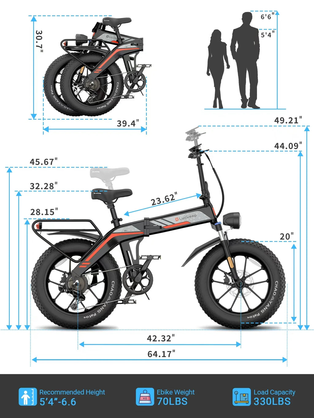 Vélo électrique pliable Luckeep X1 Lite pour adultes, moteur de 1 500 W en crête, batterie amovible de 720 Wh, autonomie de 60 mi à 28 mi/h, vélo électrique tout-terrain à pneus larges 20 × 4 avec suspension avant, vélo électrique de montagne