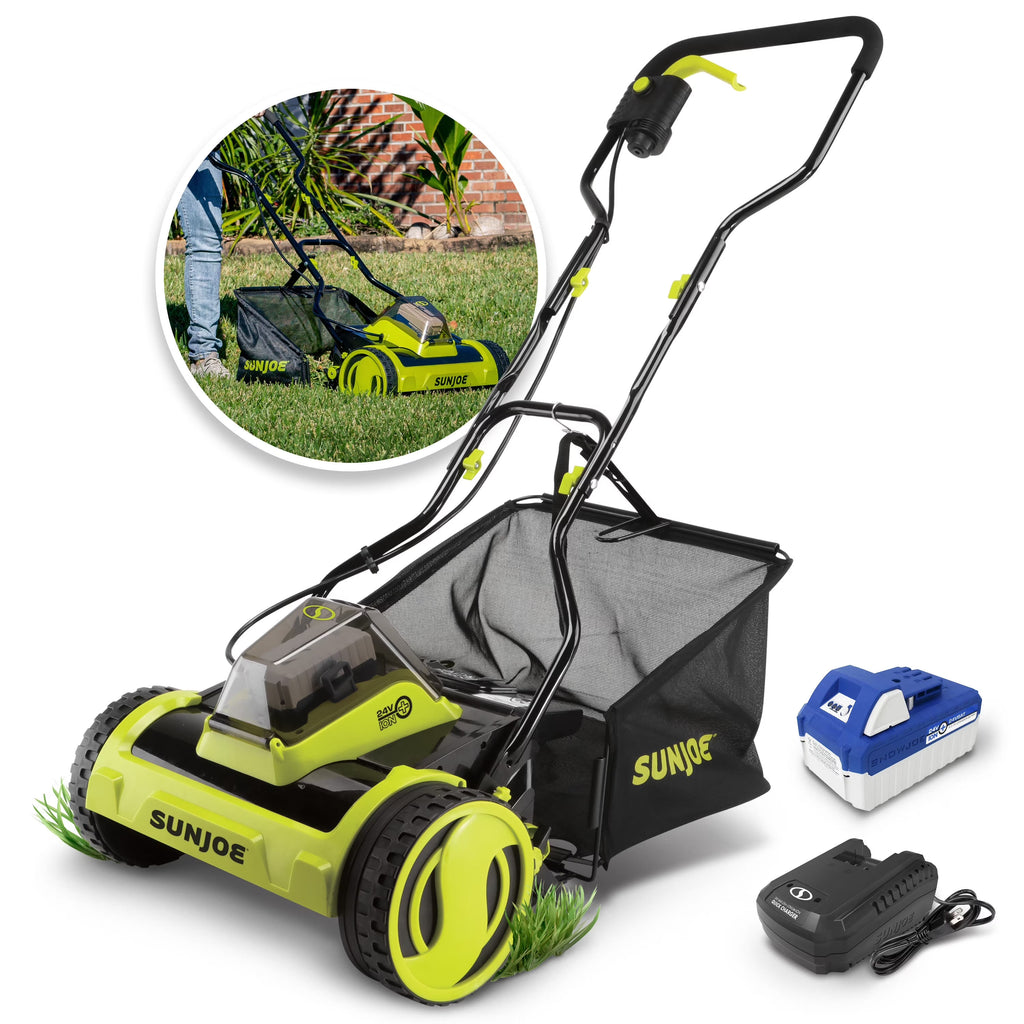 Tondeuse à gazon manuelle sans fil Sun Joe 24 V de 15 pouces, 4 positions, batterie 4,0 Ah et chargeur