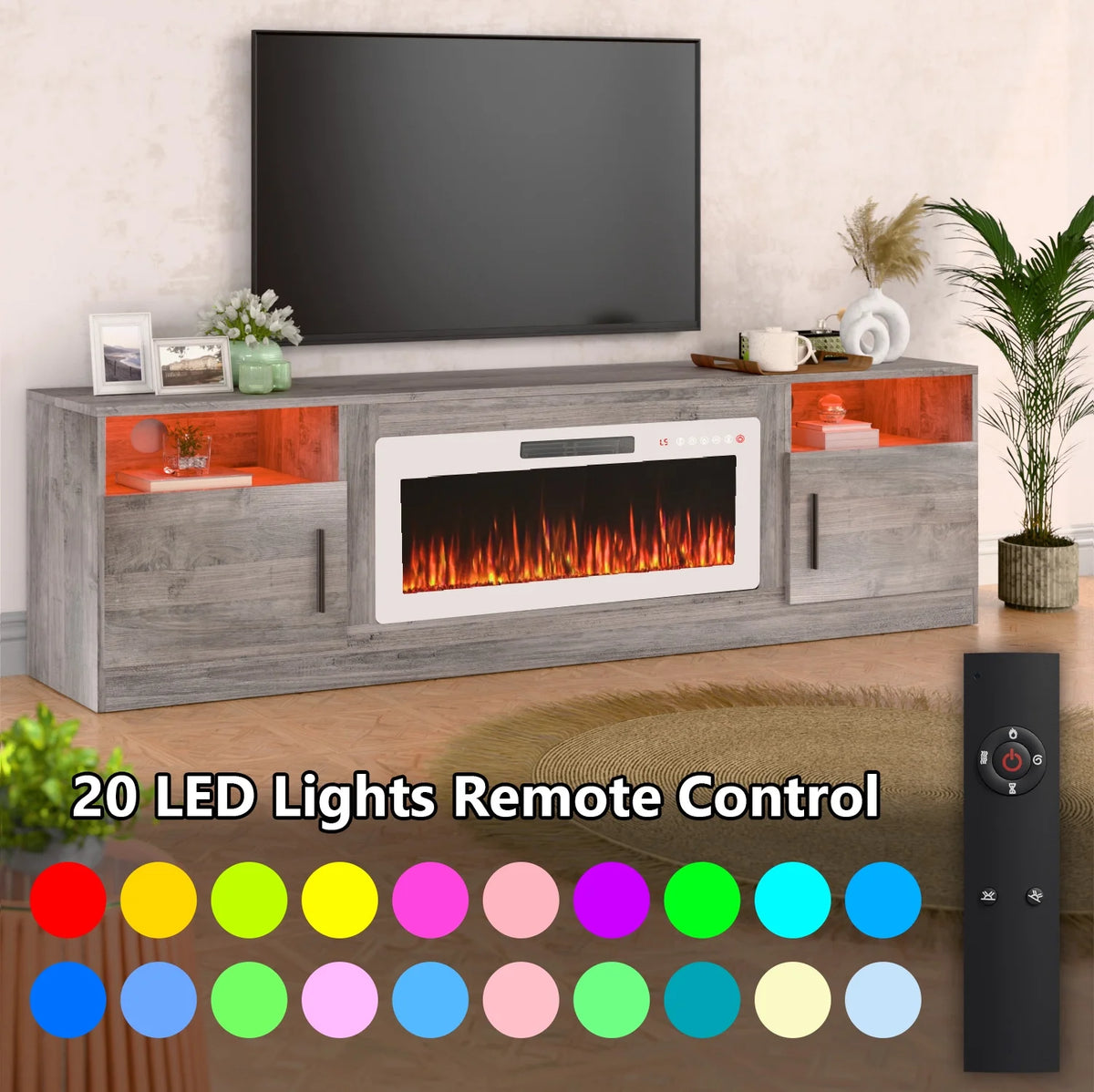 Meuble TV avec cheminée Waleaf avec cheminée électrique de 36 pouces pour téléviseurs jusqu’à 80 pouces, console multimédia moderne en bois avec meuble éclairé, blanc