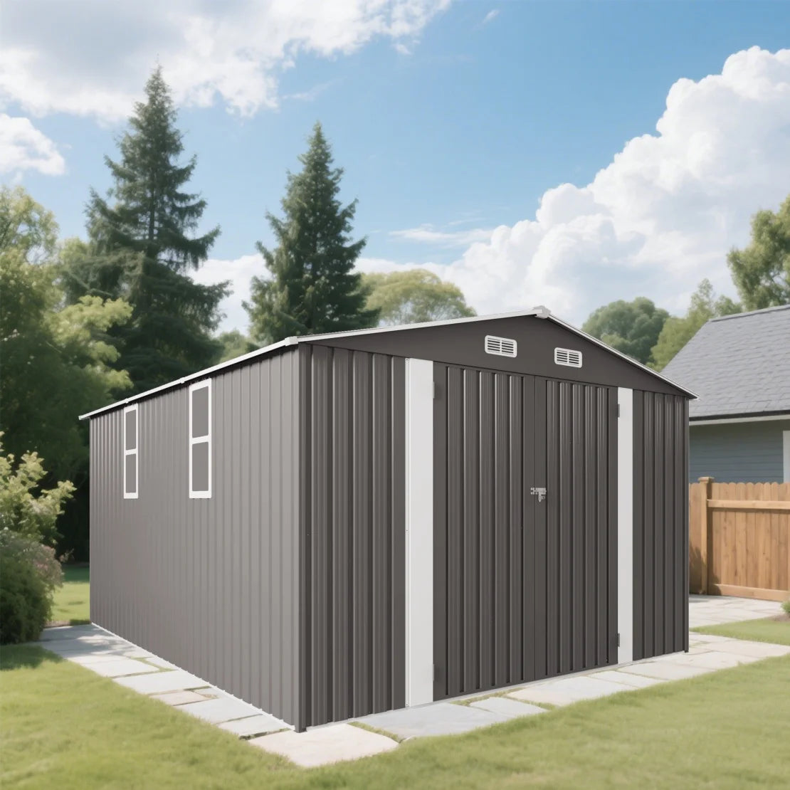Abri de rangement extérieur 10 x 8 pi, grand abri de rangement en métal, porte verrouillable et grille d’aération, fenêtre transparente, abri pour outils de jardin, vélos, tondeuses à gazon, cours arrière, terrasses et pelouses – gris