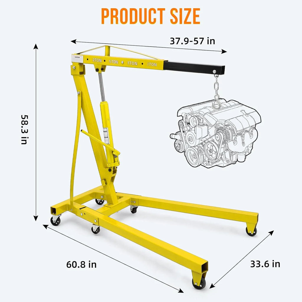Chèvre d'atelier hydraulique pliant JoanKaren 2 tonnes, palan de levage pour moteur robuste, nacelle de levage lourde à 6 roues, jaune