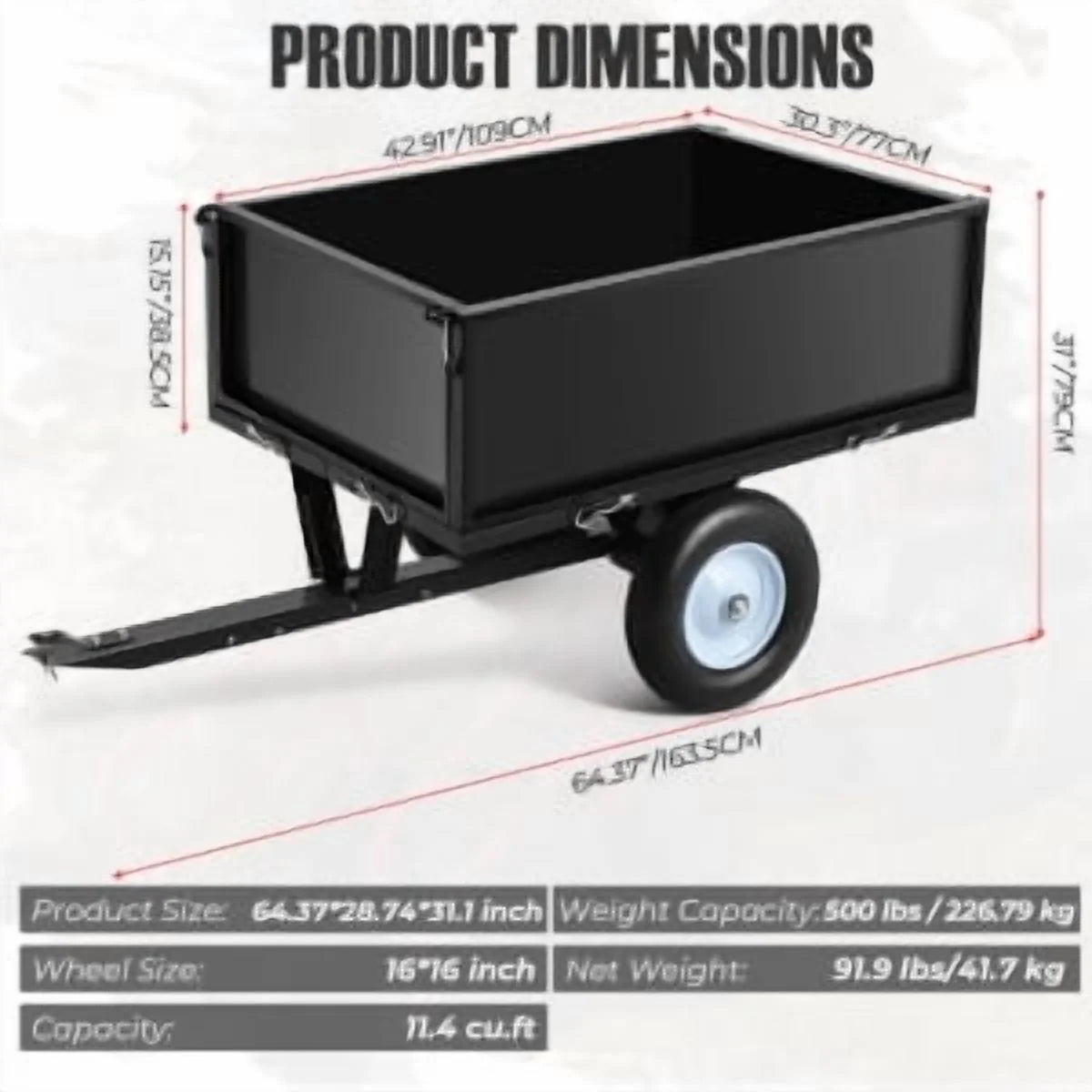 Remorque benne en acier robuste Juiluna, benne de 500 lb, remorque utilitaire de jardin de 12 pi³, avec 2 roues, pour tracteur, VTT, quad et tondeuse autoportée