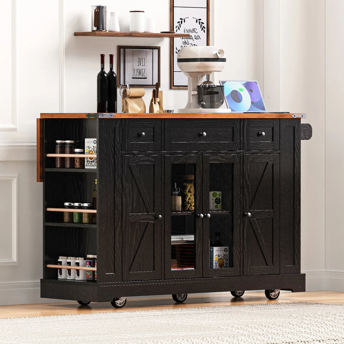 Euroco Îlot de cuisine style ferme de 53'' avec deux portes de placard en verre trempéDesserte de cuisine roulante sur roulettes